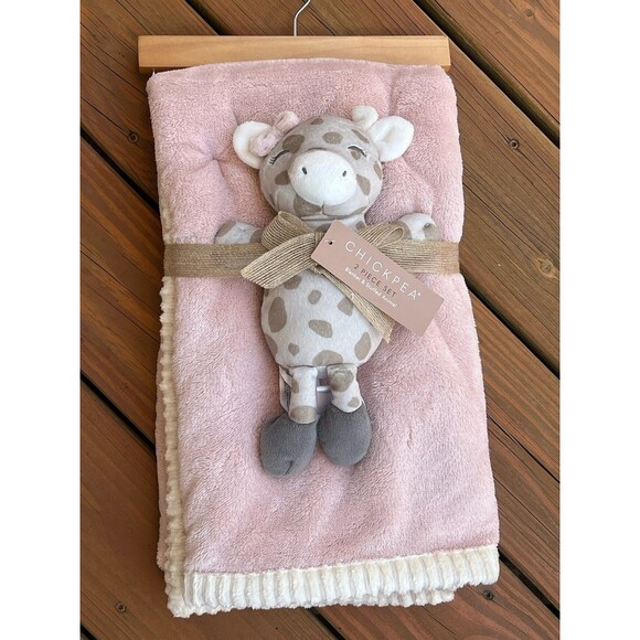 Chick Pea Giraffe Animal Plush Baby Blanket Set Pink Ribbed Trim Girls New - Picture 1 of 3